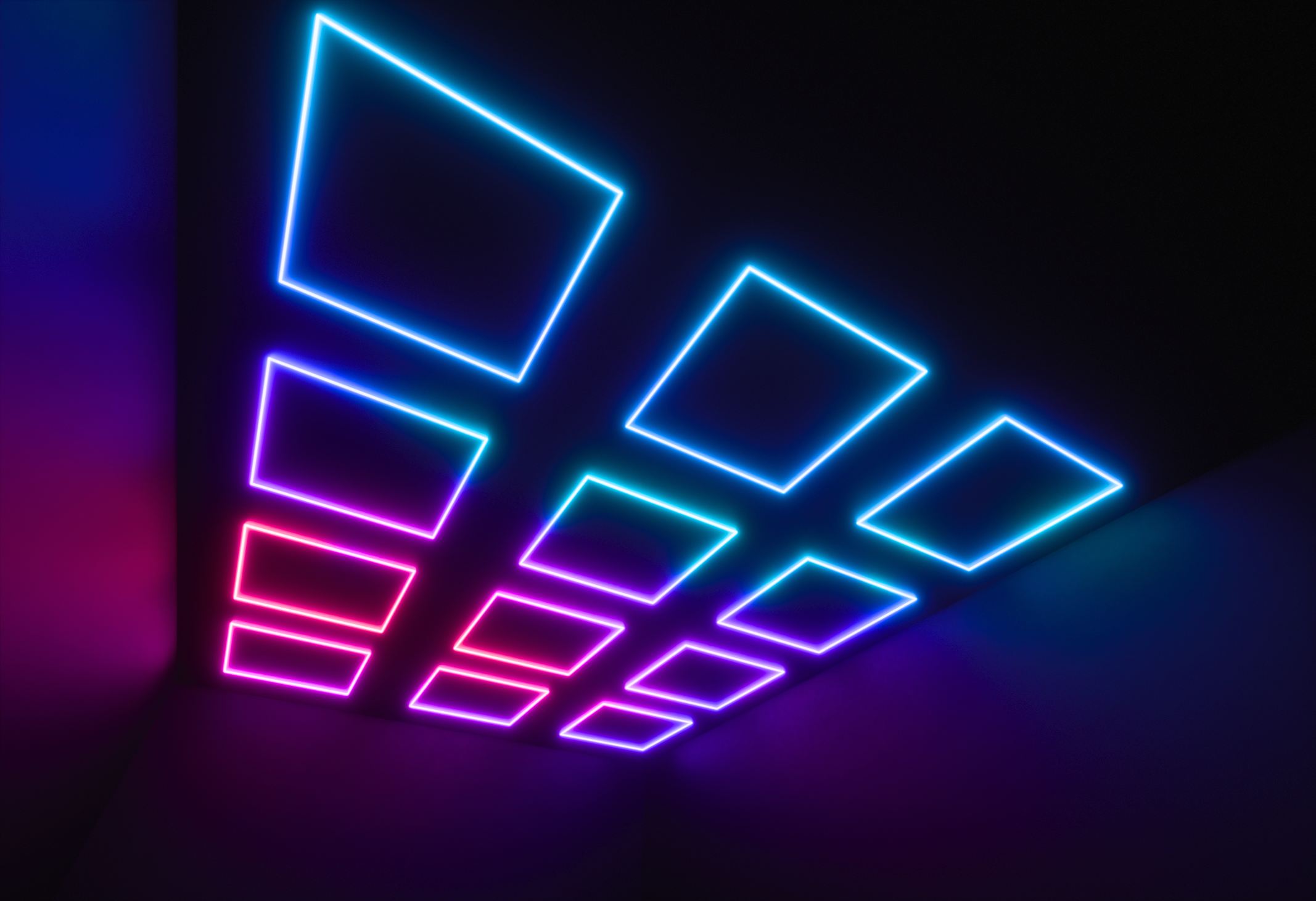 Angled view of City Blocks rectangular light frames across a ceiling