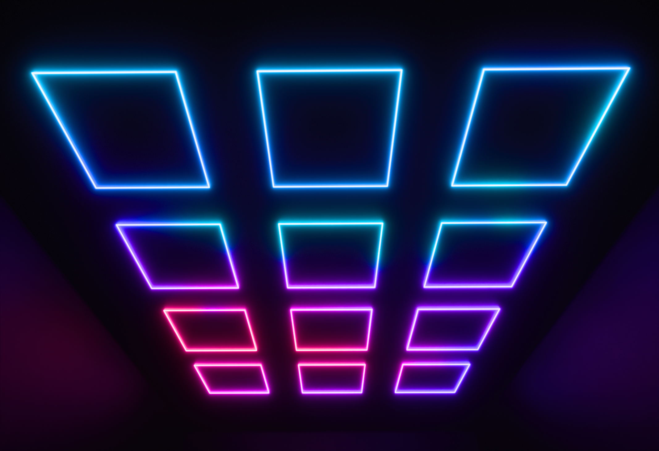 Front-facing view of City Blocks rectangular light frames across a ceiling