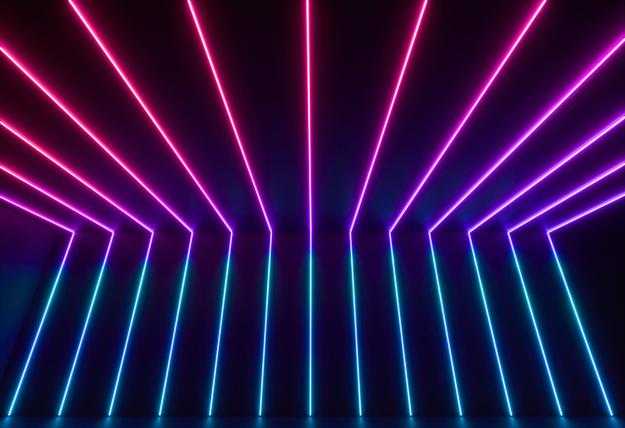 Front-facing view of Sunset Portal light lines spanning the walls and ceiling