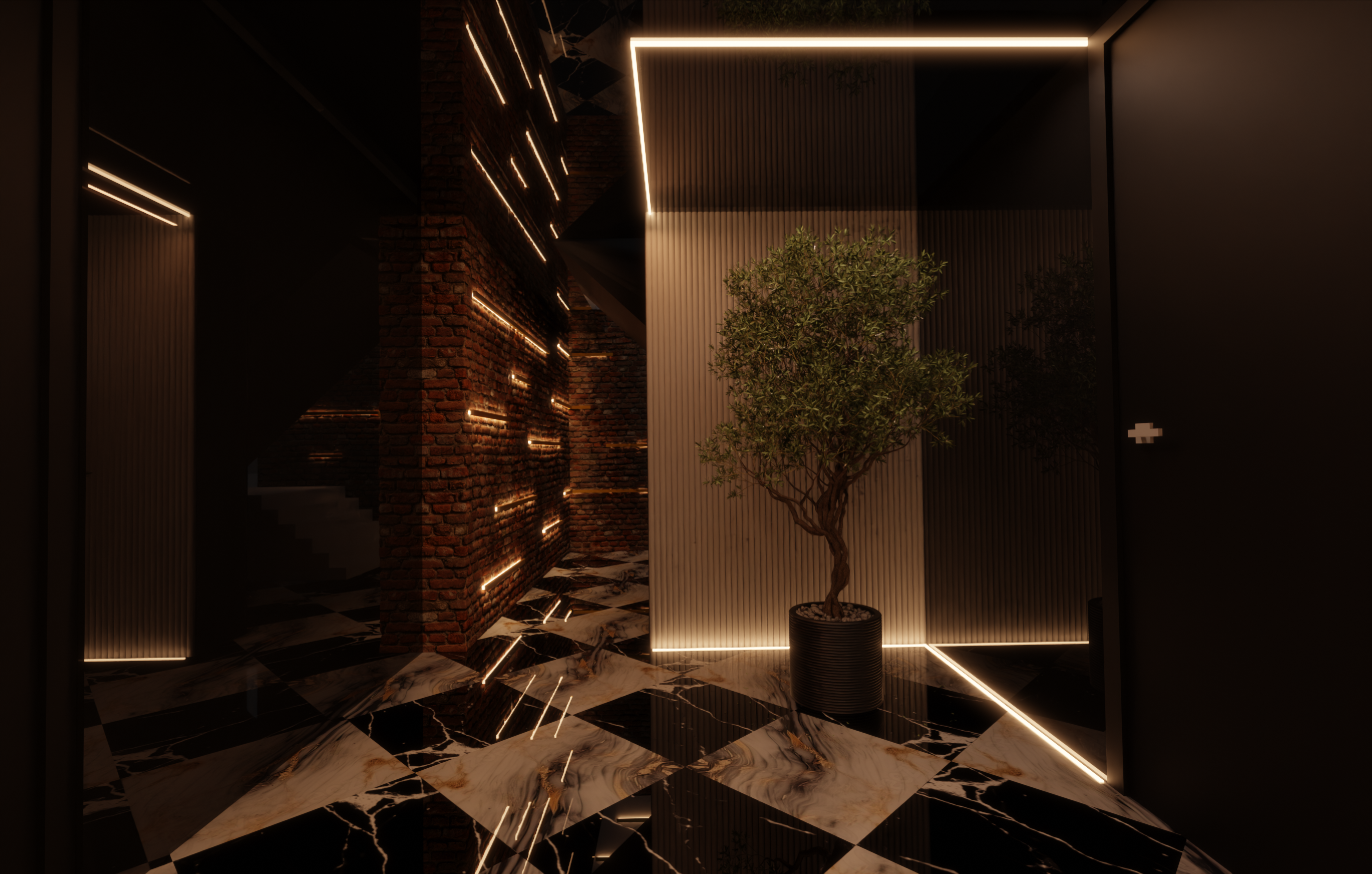 Bespoke interior lighting render with warm LED lines, brick walls and a reflective marble floor