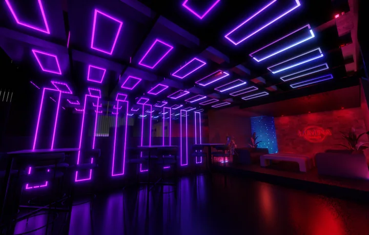 Violet linear beam ceiling lighting concept
