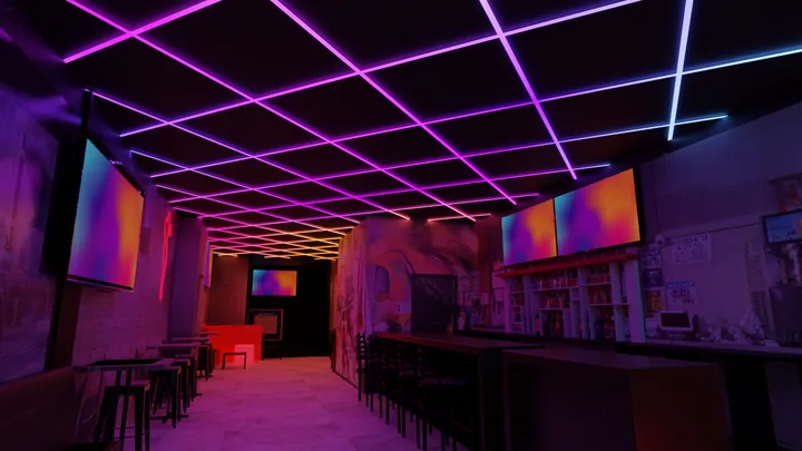 Magenta linear beam ceiling lighting concept
