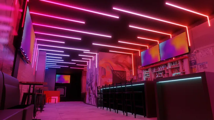 Magenta linear beam ceiling lighting concept