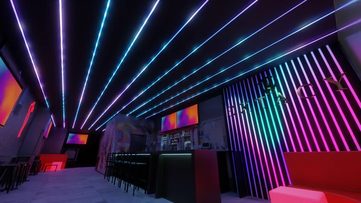 Violet linear beam ceiling lighting concept