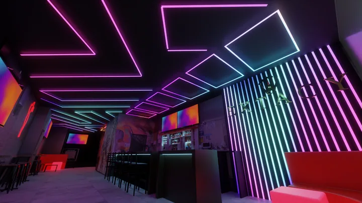 Violet linear beam ceiling lighting concept