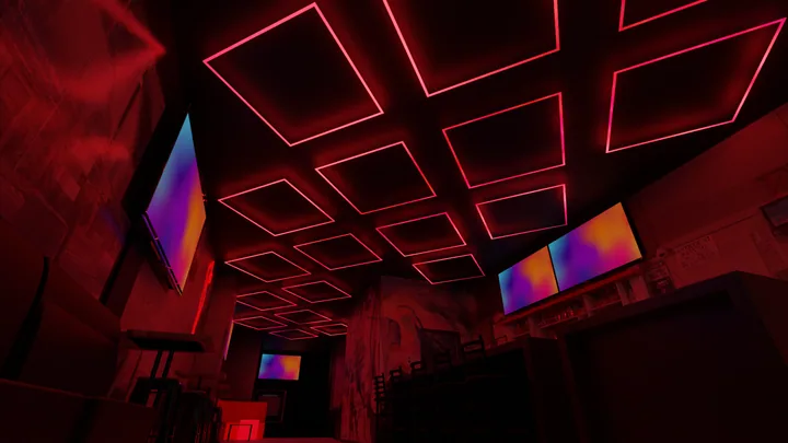 Red linear beam ceiling lighting concept