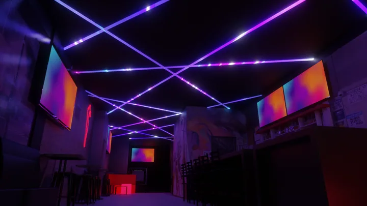 Violet linear beam ceiling lighting concept