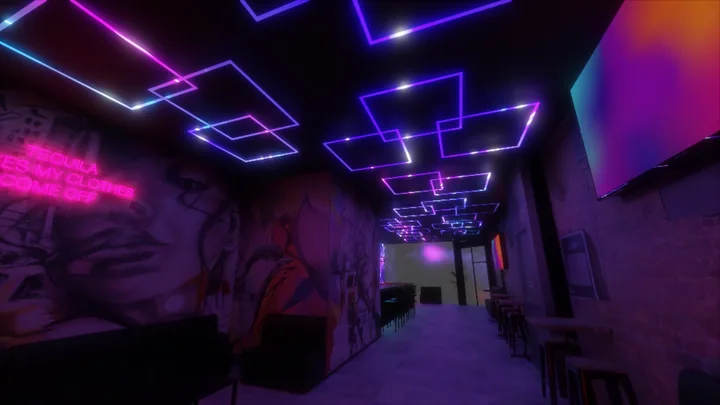 Violet linear beam ceiling lighting concept