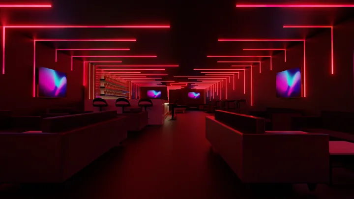 Red linear beam ceiling lighting concept