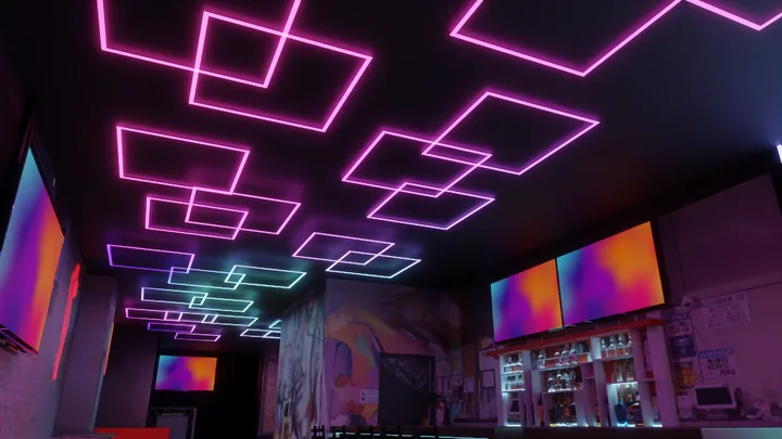 Magenta linear beam ceiling lighting concept