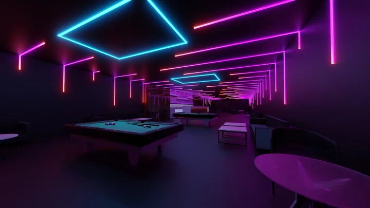 Violet linear beam ceiling lighting concept