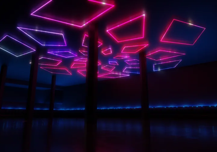 Violet linear beam ceiling lighting concept